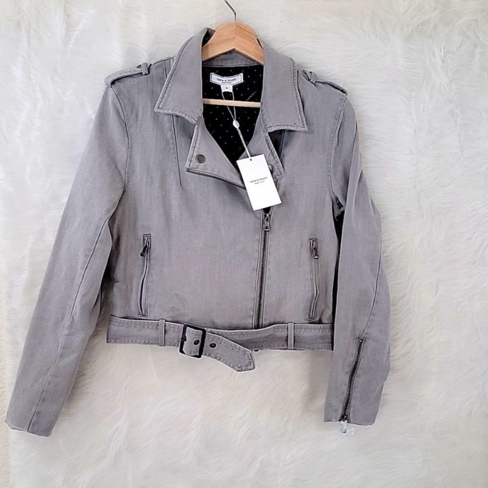 BELLE AND BLOOM MEDIUM CROP JACKET Limelight Gray Denim Moto Jacket - Picture 5 of 12